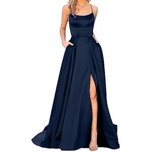 Generisch 2025 - Abiti da ballo da donna, lunghi, eleganti senza schienale, abiti lunghi, spaghetti in raso crisn, spacco laterale, abito da sera con tasche, battesimo, donna, Blu scuro, S