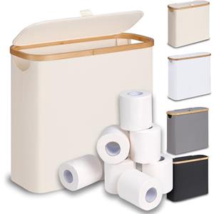 efluky 28L Cestino per Carta Igienica con Coperchio, Cesto Portaoggetti in Bambù Stretto Cestino Bagno Porta Carta Igienica, Porta Rotolo Carta da Terra per 9-12 Rotoli di Carta Igienica, Beige