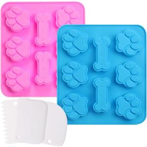 Doygim Set di 2 tappetini da forno per cani con ossa, in silicone, stampi per cioccolatini, zampe, caramelle, stampi per cubetti di ghiaccio, per cani, con 3 spatole