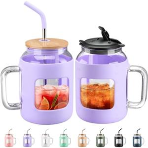 BLUEGO 1500 ml bottiglia d'acqua in vetro, bicchiere d'acqua in vetro con manico e cannuccia, tazza da caffè in vetro con coperchio, bottiglia d'acqua in vetro con custodia in silicone, Viola