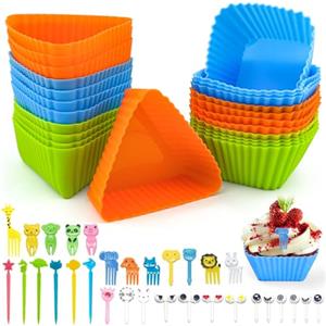 BITEFU 24 stampi per muffin in silicone, riutilizzabili, in silicone, con 52 forchette da frutta per fare torte, cupcake, crema budino (verde, blu, arancione)