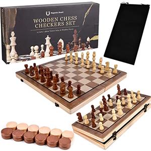 Sykerout Set di scacchi in legno per adulti, scacchiera magnetica 2 in 1, scacchiera in legno di alta qualità, scacchiera in legno per principianti per bambini con scheda di archiviazione portatile