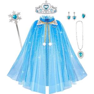 Afufu Vestito Bambina Costume Bambini 3-8 Anni, Mantello da Principessa con Corona Cerchietto Bambina Bacchetta Magica Collana Braccialetto, Mantello per Cosplay Party Halloween