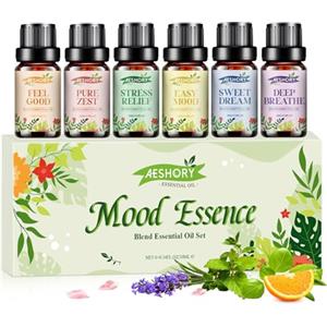 AESHORY Set di Oli Essenziali di Essenza dell'umore 6 x 10ML, Olio Essenziale di Aromaterapia Naturale per Diffusori - Sollievo dallo Stress, Dolce Sogno, Sentirsi Bene, Respirazione Profonda