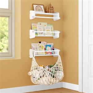 GoTiling Libreria Montessoriana da Parete Bambini per Cameretta: Scaffale Portagiochi da Muro in Legno - 3 Mensole per Libri con 1 Rete per Peluche, 60cm