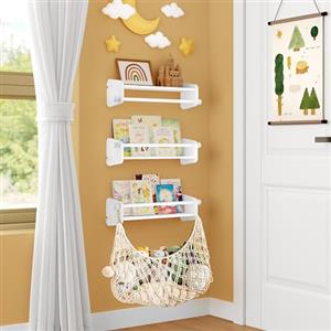 GoTiling Libreria Montessoriana da Parete Bambini per Cameretta: Scaffale Portagiochi da Muro in Legno - 3 Mensole per Libri con 1 Rete per Peluche, 40cm