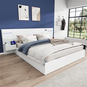 HOXINBLY Letto Matrimoniale 180x200 con 2 Comodini e Testiera, Letto Una Piazza e Mezza con Bluetooth, USB, Luci Ambientali, Bianco (Senza Materasso)