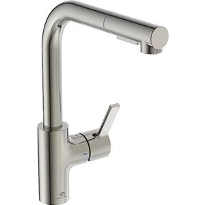 Ideal Standard - Gusto, Miscelatore monocomando per lavello da cucina, Bocca ad L tubolare con doccetta orientabile ed estraibile a due funzioni, Silver Storm
