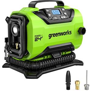 Greenworks G24IN Gonfiatore e Deflatore a Batteria, 11 Bar, Bassa o Alta Pressione, Spegnimento Automatico, con 3 Adattatori e Tubo da 0,5m, SENZA Batteria 24V e Caricabatterie, Garanzia 3 Anni