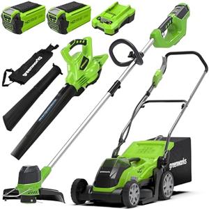 Greenworks 40V Tagliaerba a Batteria Ampiezza di Taglio 35cm con 2x 2Ah Batterie e Caricabatterie G40LM35K2X Bonus 40V Tagliabordi a Batteria Solo Macchina G40LT & Aspiratore Soffiatore GD40BV