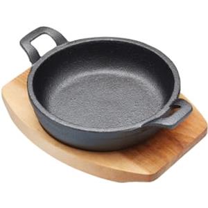 Artesa Artesà Casseruola in miniatura in ghisa con tagliere da portata in legno, padella bassa, resistente al forno, per gratin, tapas, curry e carne, adatta ai piani cottura a induzione, rotonda, nera