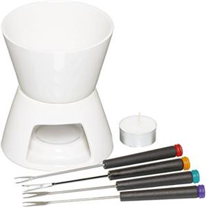 KitchenCraft Set per fonduta di cioccolato in confezione regalo, con quattro forchette in acciaio inox e candela Tealight, ciotola e supporto in ceramica, ideale per feste e per intingere dolci, frutta o biscotti, bianco