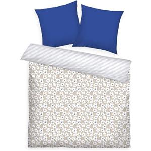 Herding TOM TAILOR Biancheria da Letto Renforcé, 2*80x80 + 200x220 cm, 100% Cotone/Renforcé, Con Motivo Reversibile e Cerniera Colorata, FRESH FLOWERS Blu, Beige (Cobalt & Sunny Sand)