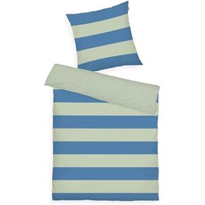 Herding TOM TAILOR Biancheria da Letto Renforcé, 70x90 cm + 140x200 cm, 100% Cotone/ Renforcé, Con Motivo Reversibile e Cerniera Colorata, BOLD STRIPES Verde, Blu (Green Leaf & Cool Blue)
