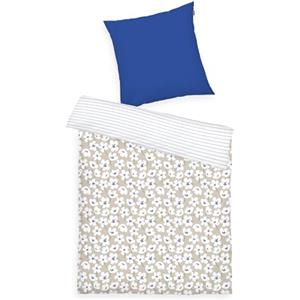 Herding TOM TAILOR Biancheria da Letto Renforcé, 80x80 + 155x220 cm, 100% Cotone/Renforcé, Con Motivo Reversibile e Cerniera Colorata, FRESH FLOWERS Blu, Beige (Cobalt & Sunny Sand)