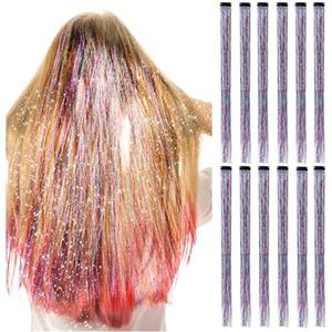 Lusofie 12 Pezzi Extension Capelli con Filo Altamente Glitterato Hair Tinsel per Ragazze Brillantini per Capelli Extension per Capelli Fata Colorata Fili per Capelli Brillantinati Arcobaleno da 19 Pollici