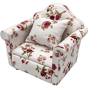 LATRAT Divano per casa delle bambole, 1:12, in miniatura, modello di stoffa, motivo floreale, divano con cuscino, accessori, motivo floreale, set di mini mobili con cuscino per la schiena, zafferano