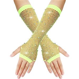 Yolev Guanti Donna a Rete Lunghi Giallo Senza Dita con Strass Guanti da Opera di Moda Lucidi per Feste in Costume Anni '80 Forniture per Cosplay di Halloween