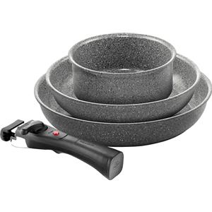 BALLARINI Torre set di padelle antiaderenti e casseruola, + Casseruola 16 cm, adatte all'induzione, manico removibile, alluminio, 24 + 28 cm