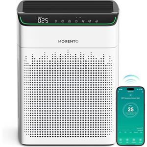 MORENTO Purificatori d'aria MORENTO per la casa Grande Camera Fino a 158m² con monitor di qualità dell'aria PM 2.5, compatibile Wi-Fi e Alexa, filtro HEPA Ingresso aria bifacciale per fumo e odori 23dB