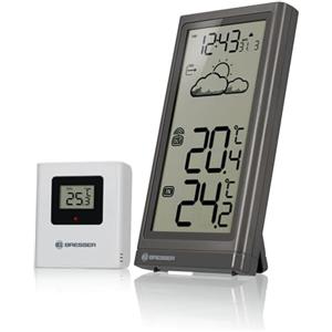 Bresser Stazione meteo radio con sensore esterno Meteo Temp, termometro con indicatore di temperatura per interni ed esterni, previsioni meteo, con base pieghevole e supporto da parete, grigio