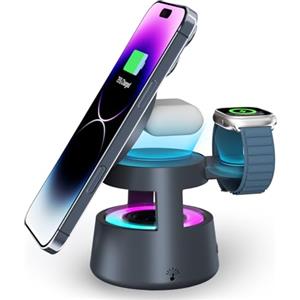 NEUTYPECHIC 5 in 1 Caricatore Wireless Magnetica per iphone, 20W Wireless Station per Magsafe con Luce Notturna, Stazione di Ricarica con Altoparlante Bluetooth,per iPhone16 15 14 /iWatch/AirPods