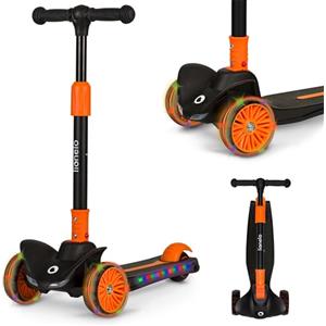 LIONELO Timmy - Monopattino per bambini da 3 anni fino a 50 kg, monopattino a tre ruote con regolazione in altezza, piattaforma antiscivolo, freno, ruote e piattaforma LED (NERO, TIMMY)