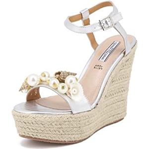 QUEEN HELENA Zeppe Sandali Alti con Perle Casual Eleganti Donna ZM9034 (Argento, numeric_38)