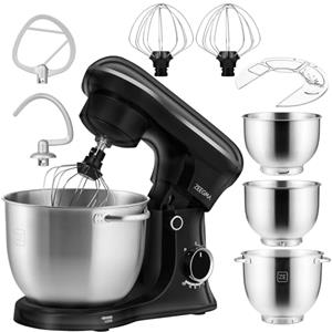 ZEEGMA PLANEET TRIO Impastatore 1500 W Robot da Cucina Multifunzione con 3 Ciotole 4 l, 4,5 l e 5,2 l, 10 Velocità Gancio per Impastare, Gancio a Foglia, Frusta Coperchio con Misurino (Nero)