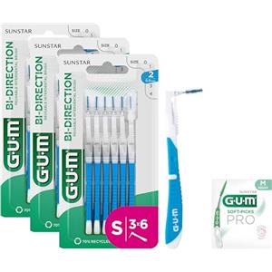 GUM BI-DIRECTION Scovolini interdentali a doppia posizione | Posizionamento a 90 gradi | pulizia dei denti e rimozione della placca | 0.9mm, ISO 2 | Taglia S | Confezione 3x6 + 1 campione gratuito