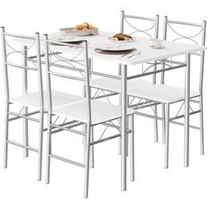 WOLTU Set da Pranzo per 4 Persone, Tavolo Industriale con 4 Sedie, MDF e Struttura in Metallo, Facile da Montare e Pulire,Bianco + Argento