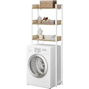EUGAD Scaffale Sopra Lavatrice a 3 Ripiani, Mobile da Bagno Salvaspazio, Scaffale da Bagno Porta Detersivi, Mobile Sopra WC, con Bordi Rialzati, Bianco e Legno Chiaro, 63x166.5x25cm