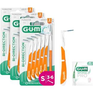 GUM BI-DIRECTION Scovolini interdentali a doppia posizione | Posizionamento a 90 gradi | pulizia dei denti e rimozione della placca | 0.9mm, ISO 2 | Taglia S | Confezione 3x6 + 1 campione 0