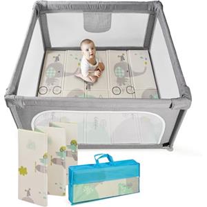 MS BabyWorld - Recinto per bambini L + Tappeto gioco per bambini 120 * 120cm - Tappeto bifacciale, altamente imbottito (spessore 1 cm), Box molto grande e alto - pieghevole e con borsa trasporto