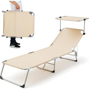 BAKAJI Lettino Prendisole con Tettuccio Parasole Sdraio Pieghevole Salvaspazio, Schienale Regolabile, Struttura in Metallo e Tessuto in Polyestere per Mare Spiaggia Piscina Relax (Beige)
