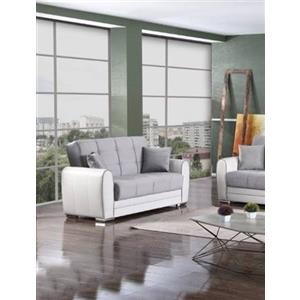 Dmora - Divano letto con penisola Pablito, Divano contenitore reversibile in ecopelle e tessuto, Sofà apertura click-clack, 163x84h91 cm, Bianco e Grigio