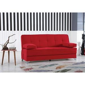 DMORA - Divano letto 3 posti Carlos, Divano contenitore lineare con 2 cuscini inclusi, Sofà da soggiorno apertura click-clack, 190x87xh91 cm, Rosso