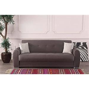 DMORA - Divano letto 3 posti Alejandro, Divano contenitore con 2 cuscini, Sofà in tessuto imbottito con apertura click-clack, 224x85h87 cm, Grigio Chiaro