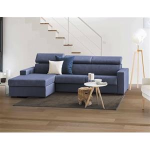 Talamo Italia - Divano fisso con penisola Viviana, Sofà ad angolo con chaise longue sinistra in tessuto, Braccioli standard, 100% Made in Italy, Cm 280x95h85, Blu