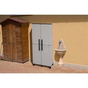 Dmora Esterno Veurne, Armadio Porta Scope, Mobile Outdoor 2 Ante, 100% Made in Italy, 68x37h169 cm, Grigio Chiaro e Nero, Finitura Righe, Polipropilene, Carlotta, 14 unità