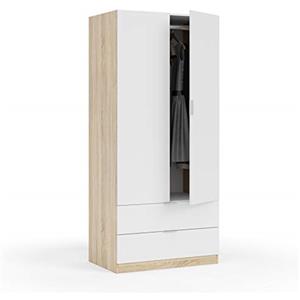 Dmora - Guardaroba 2 ante Burbank, Armadio per camera da letto 2 cassetti, Mobile con barra appendiabiti, 82x52h180 cm, Bianco e Rovere