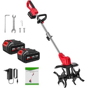 WIWOLER Motozappa a Batteria 21V, Motozappa Elettrica con 2 x 4.0Ah Batteria, Doppio Rullo 4 Lame, Display LED, Velocità 300 RPM, Larghezza 30 cm Profondità 22 cm, Maniglia Ergonomica, Motozappa per Orto