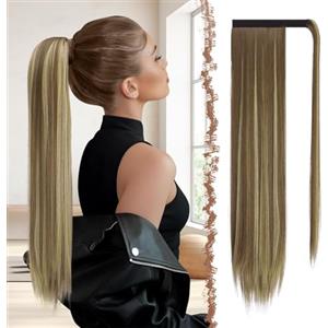FESHFEN Posticci per Capelli Extension Coda Di Cavallo Capelli Finta Lunga Estensione Capelli Sintetici Coda Capelli Extensions per Donna, 60 cm Castano Chiaro e Biondo