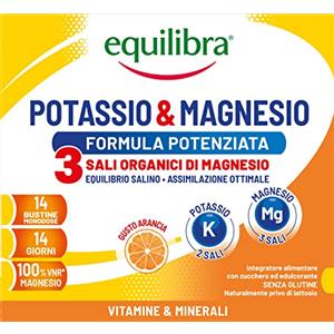 Equilibra Integratori Alimentari, Potassio e Magnesio 3 Formula Potenziata, Integratore Magnesio e Potassio per Reintegro Sali Minerali, Gusto Arancia, Senza Glutine e Senza Lattosio, 14 Bustine
