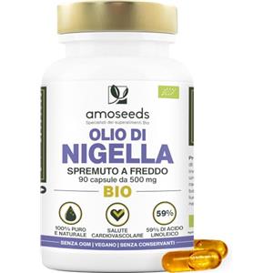 Amoseeds Olio di Nigella BIO | 1.500 mg di Olio di Cumino Nero puro | Prima spremitura a freddo | 59% di acido linoleico | 90 capsule vegetali, vegan | Qualità Superiore
