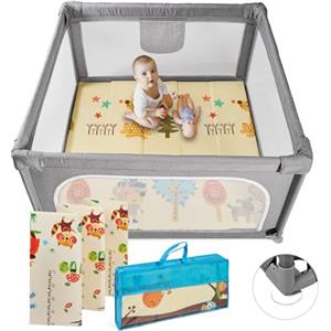 MS BabyWorld - Recinto per bambini L + Tappeto gioco per bambini 120 * 120cm - Tappeto bifacciale, altamente imbottito (spessore 1 cm), Box molto grande e alto - pieghevole e con borsa trasporto