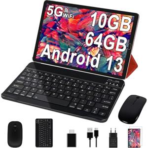 GOODTEL New Tablet 10 Pollici Android 13 con 10 GB RAM 64 GB ROM (TF 1TB), WiFi 6(5 G+2.4 G), Bluetooth 5.0, Type-C, 6000 mAh, 8 MP+5 MP, con custodia, tastiera, mouse(rosso)