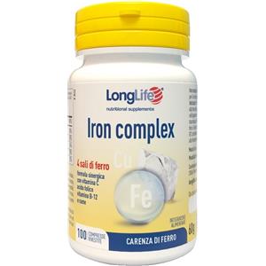 LongLife Iron Complex - Integratore di Ferro con Vitamina C, B12, Acido Folico e Rame - 100 Compresse
