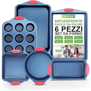 NutriChef Set 6 Teglie da Forno Antiaderente, Acciaio Carbonio, Manici Silicone, Adatto Forno 230°C, Pirofila Pane, Teglia Muffin, Arrosto, Biscotti