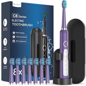 Coulax Pro Spazzolino Elettrico Spazzolini Elettrici - Coulax Sonico Spazzolino da Denti Elettrico Spazzolino da Viaggio Ricaricabile Denti Ricaricabile con 8 Testine, Custodia, 5 Modalità Viola Scuro